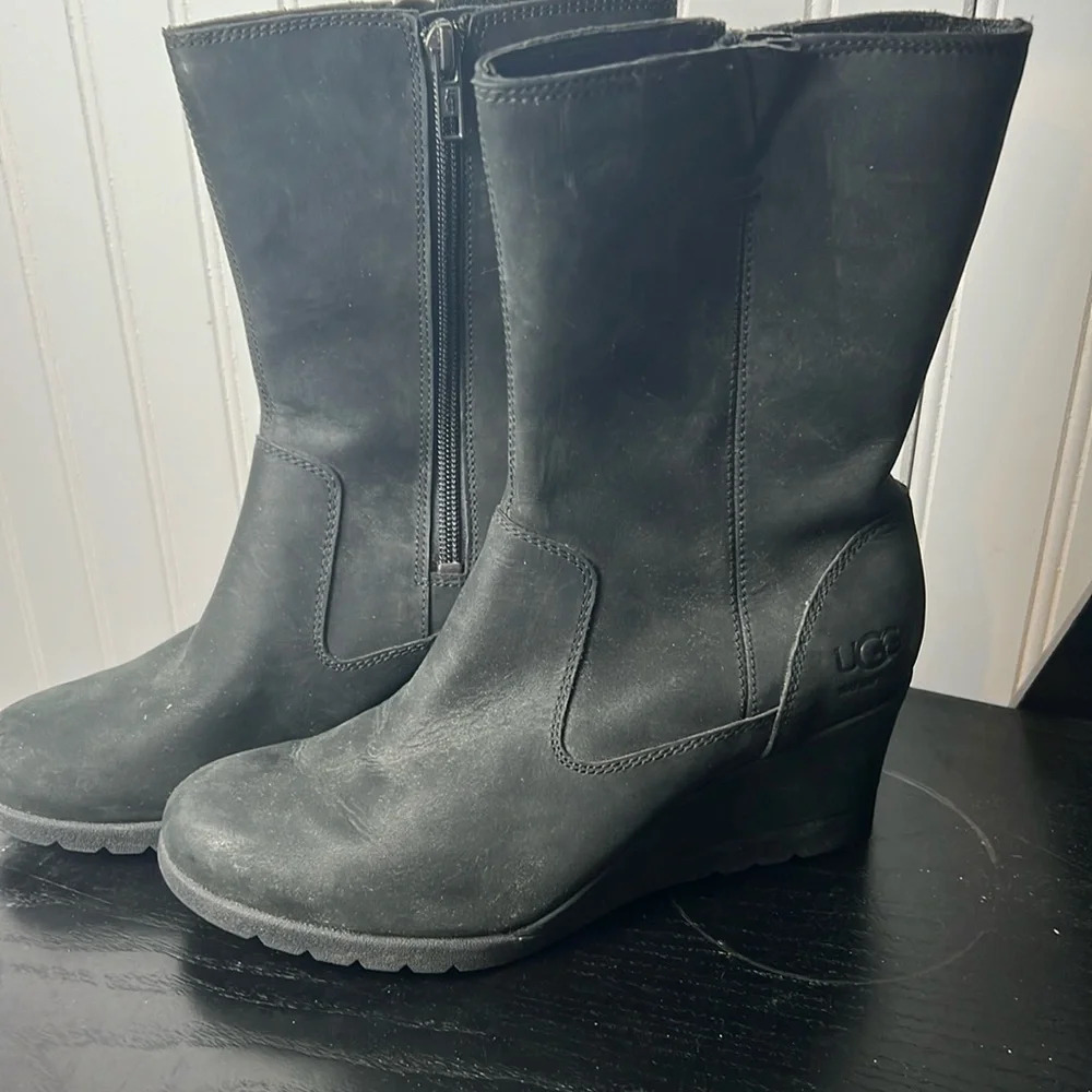 UGG Joely Black Waterproof Leather Wedges Boots Size 6